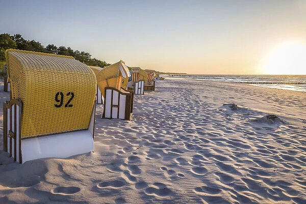 Yellow beach chairs in Zingst, Mecklenburg-Western Pomerania, Northern Germany, Germany