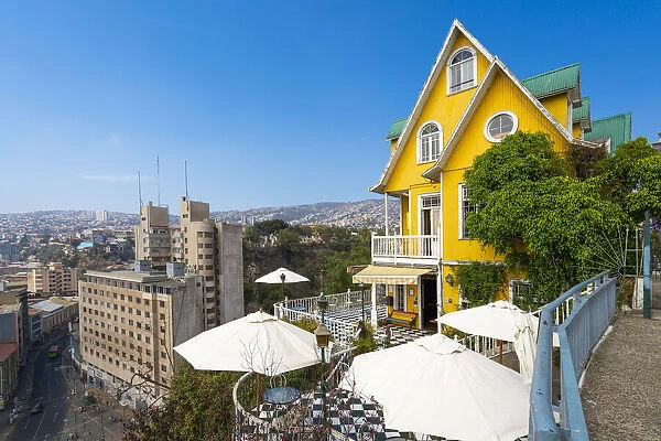 Yellow Hotel Brighton with parasols, UNESCO, Paseo Atkinson, Cerro Alegre, Valparaiso, Valparaiso Province, Valparaiso Region, Chile