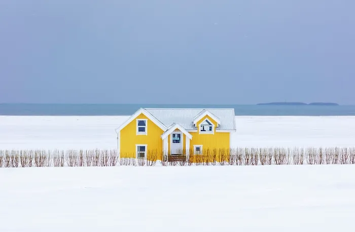 Framed Print : Yellow house in snowy winter landscape, South Iceland Framed Print : Yellow house in snowy winter landscape, South Iceland