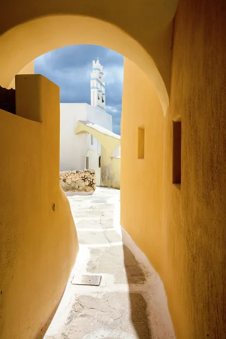 Framed Print : Yellow painted alleyway and church, Emporio, Santorini, Cyclades Islands, Greece, Europe Framed Print : Yellow painted alleyway and church, Emporio, Santorini, Cyclades Islands, Greece, Europe