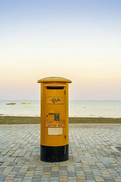 Yellow Post Box and the Mediterranean Sea, Larnaca, Cyprus