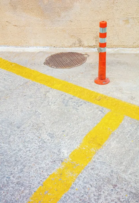 Framed Print : Yellow road markings and red post, Emporio, Santorini, Cyclades Islands, Greece, Europe Framed Print : Yellow road markings and red post, Emporio, Santorini, Cyclades Islands, Greece, Europe