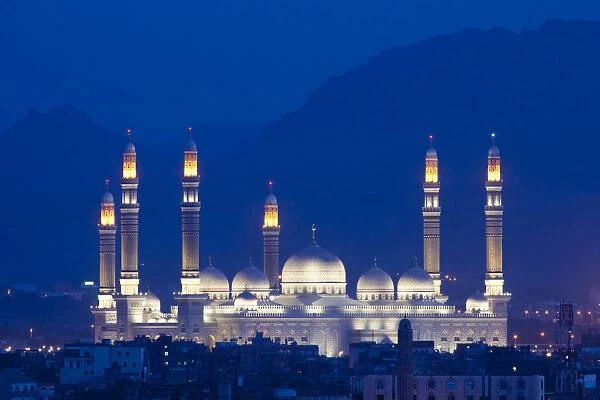 Yemen, Sana a. Al-Saleh Mosque at dusk