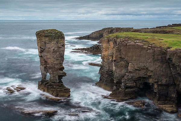 Yesnaby Castle sea stack on the wild west coast of Mainland, Orkney Islands, Scotland. Autumn (October) 2022