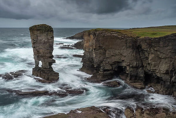 Yesnaby Castle Sea Stack on the wild west coast of Mainland, Orkney Islands, Scotland. Autumn (October) 2022