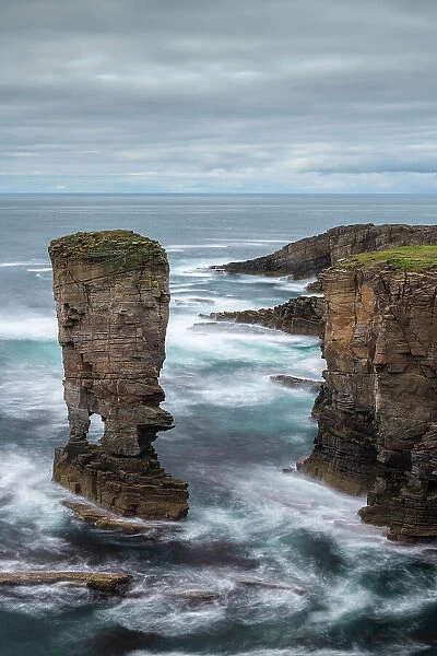 Yesnaby Castle sea stack on the wild west coast of mainland Orkney, Orkney Island, Scotland. Autumn (September) 2022