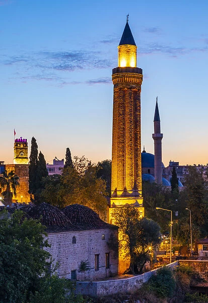 Yivli Minaret Mosque, Tekeli Mehmet Pasha Mosque and Clock Tower at Dusk, Kaleici