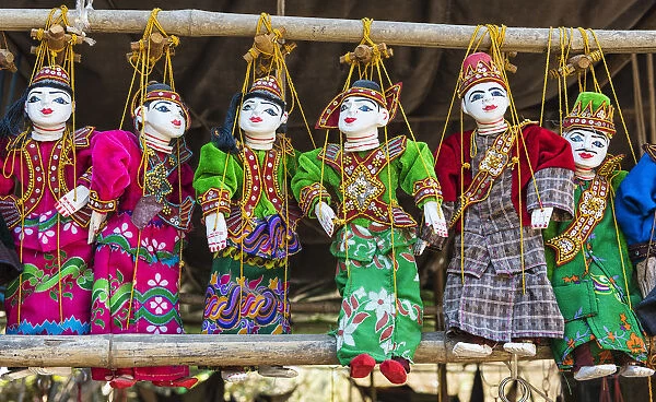 Yoke the, traditional Burmese marionettes, on sale in the local market, Bagan, Mandalay