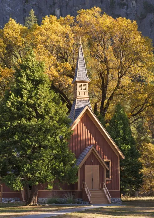 Framed Print : Yosemite Chapel surrounded by fall foliage, Yosemite Valley, California, USA. Autumn Framed Print : Yosemite Chapel surrounded by fall foliage, Yosemite Valley, California, USA. Autumn