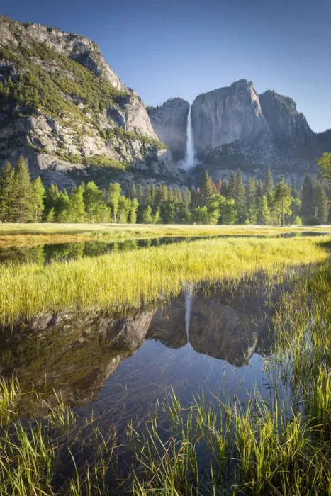 Framed Print : Yosemite Falls reflected in flood waters in Yosemite Valley, California, USA