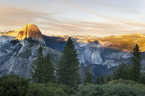 Yosemite National Park, California, USA. Sunset over the famous Half Dome Mount, view