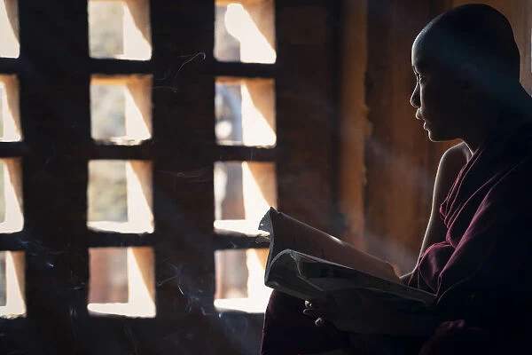 A young monk looking out of a window while studying inside a temple, UNESCO, Bagan
