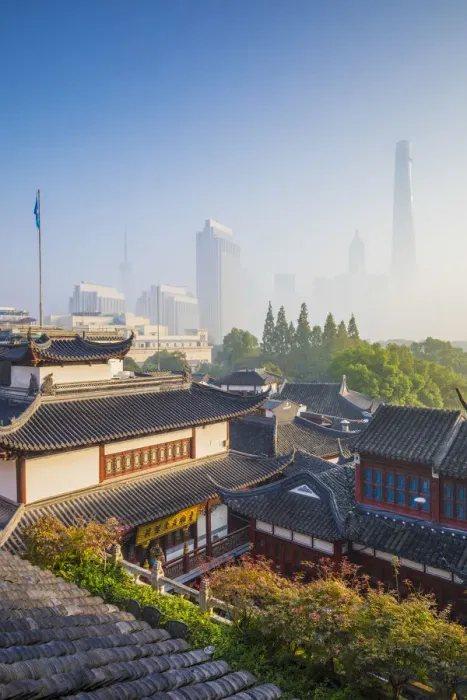 Framed Print : Yu Yuan Gardens and Pudong skyline behind, Shanghai, China Framed Print : Yu Yuan Gardens and Pudong skyline behind, Shanghai, China
