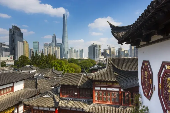 Framed Print : YuYuan Gardens and Bazaar with the Shanghai Tower behind, Old Town, Shanghai, China