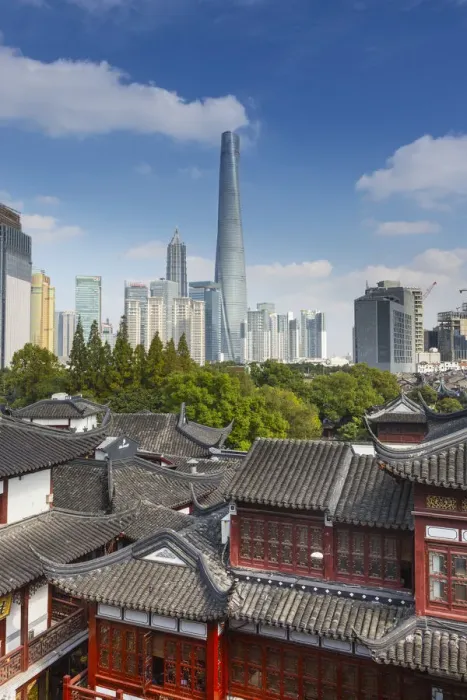 Framed Print : YuYuan Gardens and Bazaar with the Shanghai Tower behind, Old Town, Shanghai, China Framed Print : YuYuan Gardens and Bazaar with the Shanghai Tower behind, Old Town, Shanghai, China