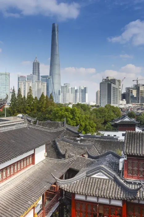 Framed Print : YuYuan Gardens and Bazaar with the Shanghai Tower behind, Old Town, Shanghai, China Framed Print : YuYuan Gardens and Bazaar with the Shanghai Tower behind, Old Town, Shanghai, China