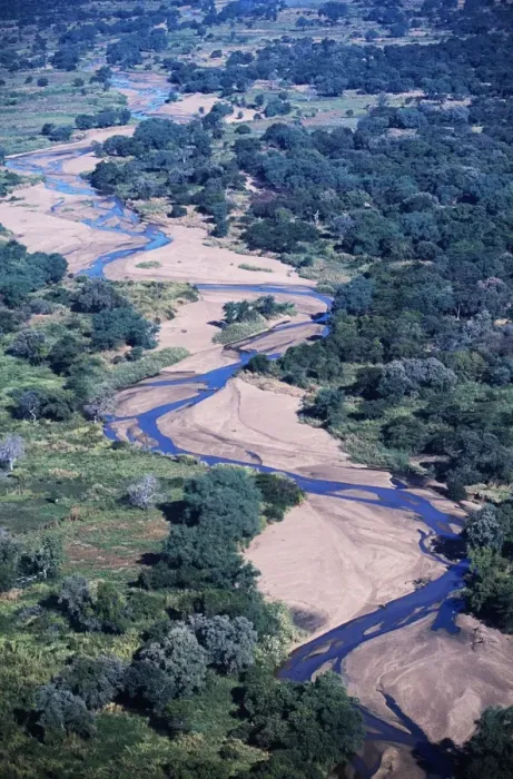 Framed Print : Zambia. Aerial view of the weaving course of a tributary of the Zambezi River Framed Print : Zambia. Aerial view of the weaving course of a tributary of the Zambezi River
