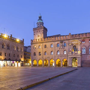 Accursio and Notai palaces in Maggiore square at twilight. Bologna, Emilia Romagna, Italy