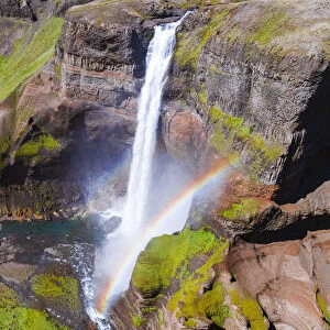 Aerial drone view of Haifoss waterfall in summer, Iceland