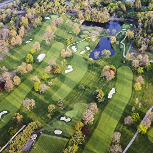 Aerial of golf course in a suburb of New York city, USA