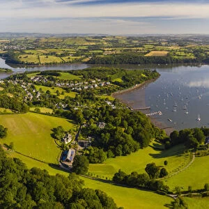 Aerial image of the village of Dittisham on the Dart Estuary, South Hams, Devon, England