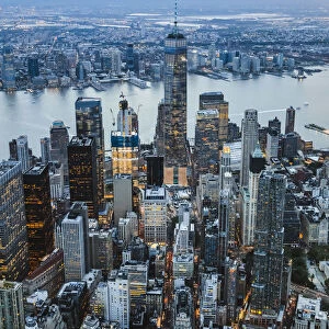 Aerial of lower Manhattan skyline at sunset, New York, USA