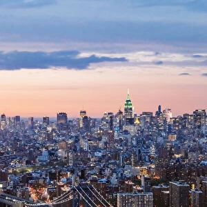 Aerial of Manhattan bridge and Midtown Manhattan at dusk, New York city, USA