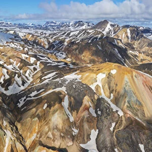 Aerial and panoramic view of Landmannalaugar colorful rhyolite mountains