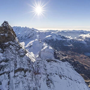 Aerial photo of the summit of the Matterhorn and Lake Goillet. Zermatt. Canton of Valais