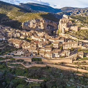 Aerial view of Alquezar village at sunset. Alquezar, Huesca, Aragon, Spain