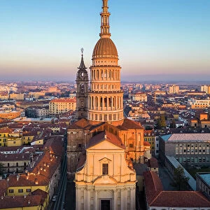 Aerial view of the Antonelli's dome and San Gaudenzio Basilica, <br> at sunset in winter. Novara, Piedmont, Italy