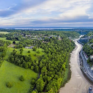 Aerial view over the Avon Gorge, Clifton, Hotwells and city centre, Bristol, England
