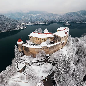 Aerial view of the Bled castle, Bled, Slovenia