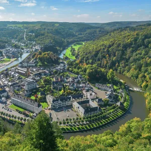 Aerial view at Bouillon with river Semois and castle, Ardennes, Wallonia, Province Luxembourg, Belgium