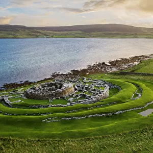 Aerial view of the Broch of Gurness, an Iron Age settlement on Mainland, Orkney, Scotland. Autumn (October) 2022