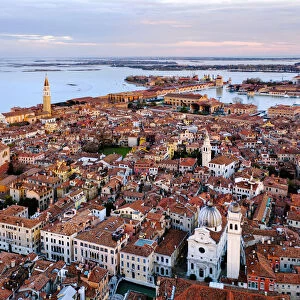 Aerial view of city at sunset, Venice, Italy