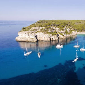 Aerial view of coastline and beach, Cala Macarelleta, Menorca, Balearic Islands, Spain