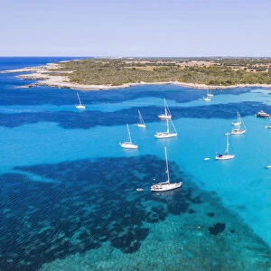 Aerial view of coastline and boats, Son Saura beach, Menorca, Balearic Islands, Spain