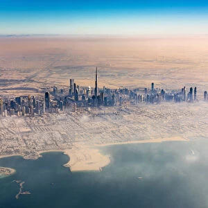 Aerial view of downtown skyline with Burj Khalifa skyscraper, Dubai, United Arab Emirates