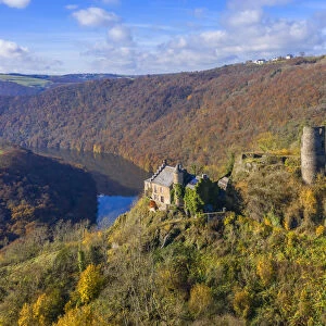 Aerial view at Falkenstein castle ruin with Our valley, Eifel, Rhineland-Palatinate