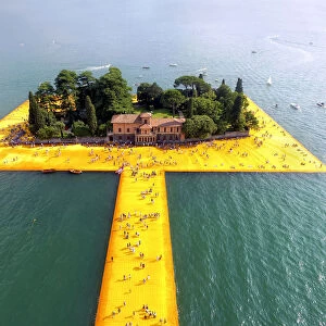 Aerial view of the floating piers in Iseo lake, Brescia province, Lombardy, Italy