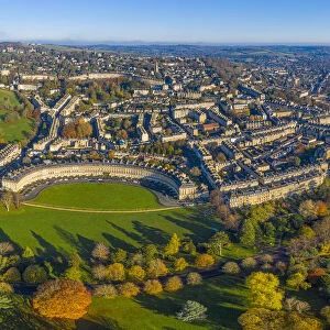 Aerial view over the Georgian city of Bath, Royal Victoria Park and Royal Cresent