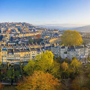Aerial view over the Georgian housing of The Circus, Bath, Somerset, England