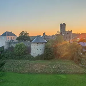 Aerial view at Greifenstein castle at sunset, Glockenmuseum, Lahn-Dill-Kreis, Lahn, Westerwald, Hesse, Germay