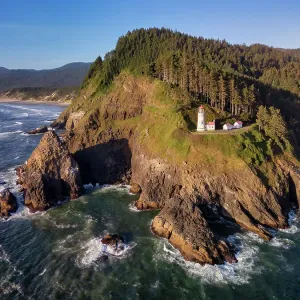 Aerial View Over Haceta Head Lighthouse & Coastline, Oregon, USA
