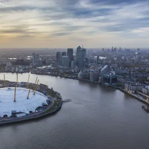 Aerial view from helicopter, Canary Wharf & O2 Arena, London, England