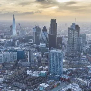 Aerial view from helicopter, City of London, and the Shard, London, England Aerial view from helicopter, City of London, and the Shard, London, England