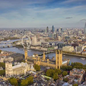 Aerial view from helicopter, Houses of Parliament, River Thames, London, England Aerial view from helicopter, Houses of Parliament, River Thames, London, England