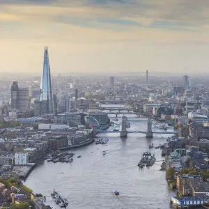 Aerial view from helicopter, The Shard, River Thames and the City of London, London Aerial view from helicopter, The Shard, River Thames and the City of London, London