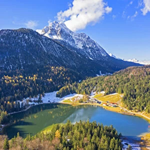 Aerial view on Lautersee and Wettersteinspitze, Mittenwald, Bavaria, Germany